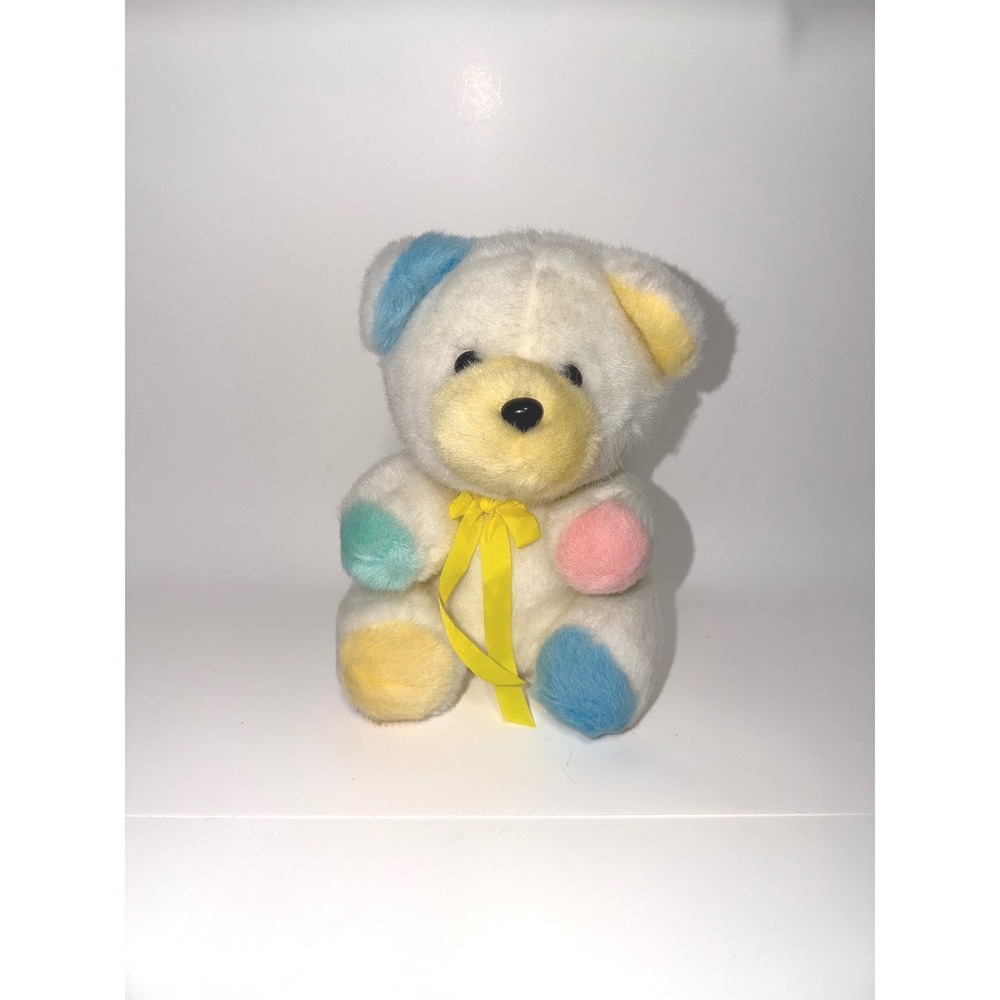 Vintage White Plush Teddy Bear with Colorful Paws and Yellow Ribbon 9 Inch